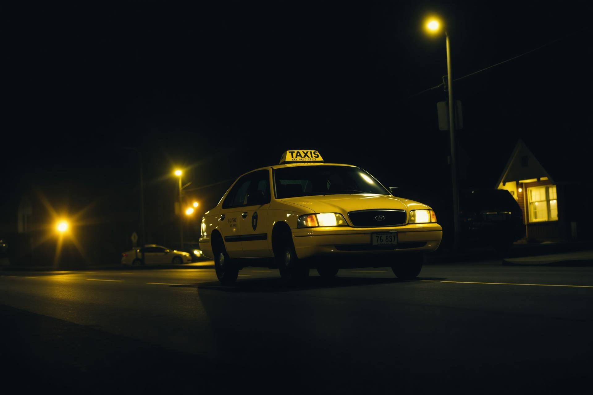 Yellow taxi at night in a small town